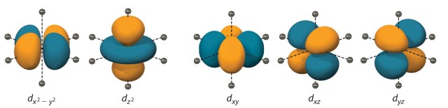 This is what d orbitals look like really close up. Image taken from the UC Davis ChemWiki (http://chemwiki.ucdavis.edu/). CC BY-NC-SA 3.0 US
